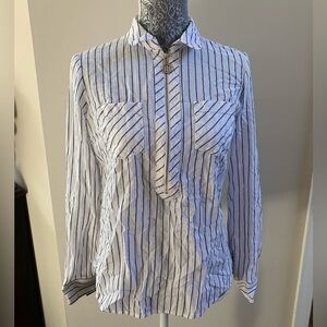 Tommy Hilfiger Striped Blouse Shirt Top 3/4 Front Zipper Two Small Front Pockets